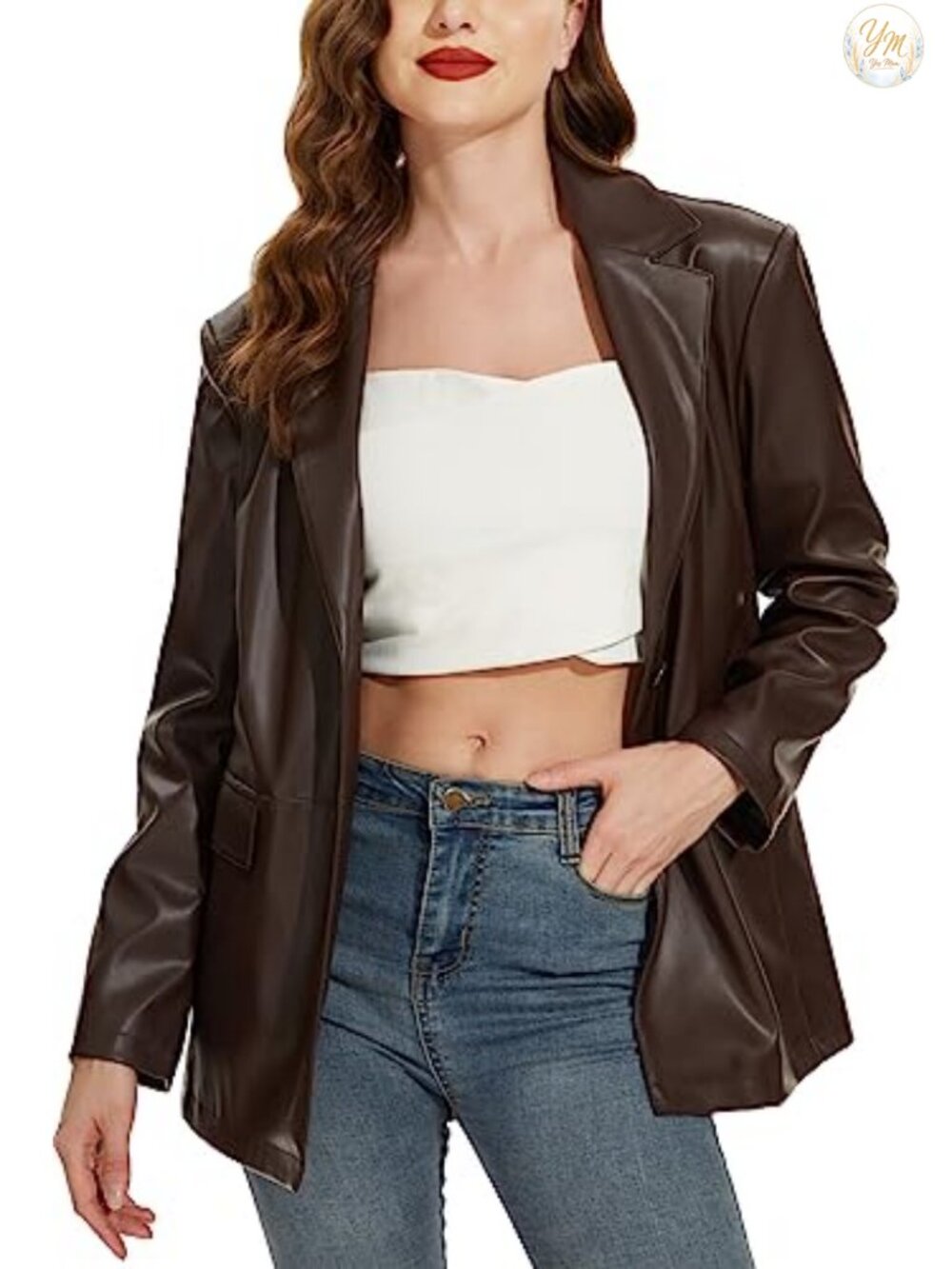 Faux Leather Moto Blazer Jacket Long Sleeve Notch Lapel Vintage Style
